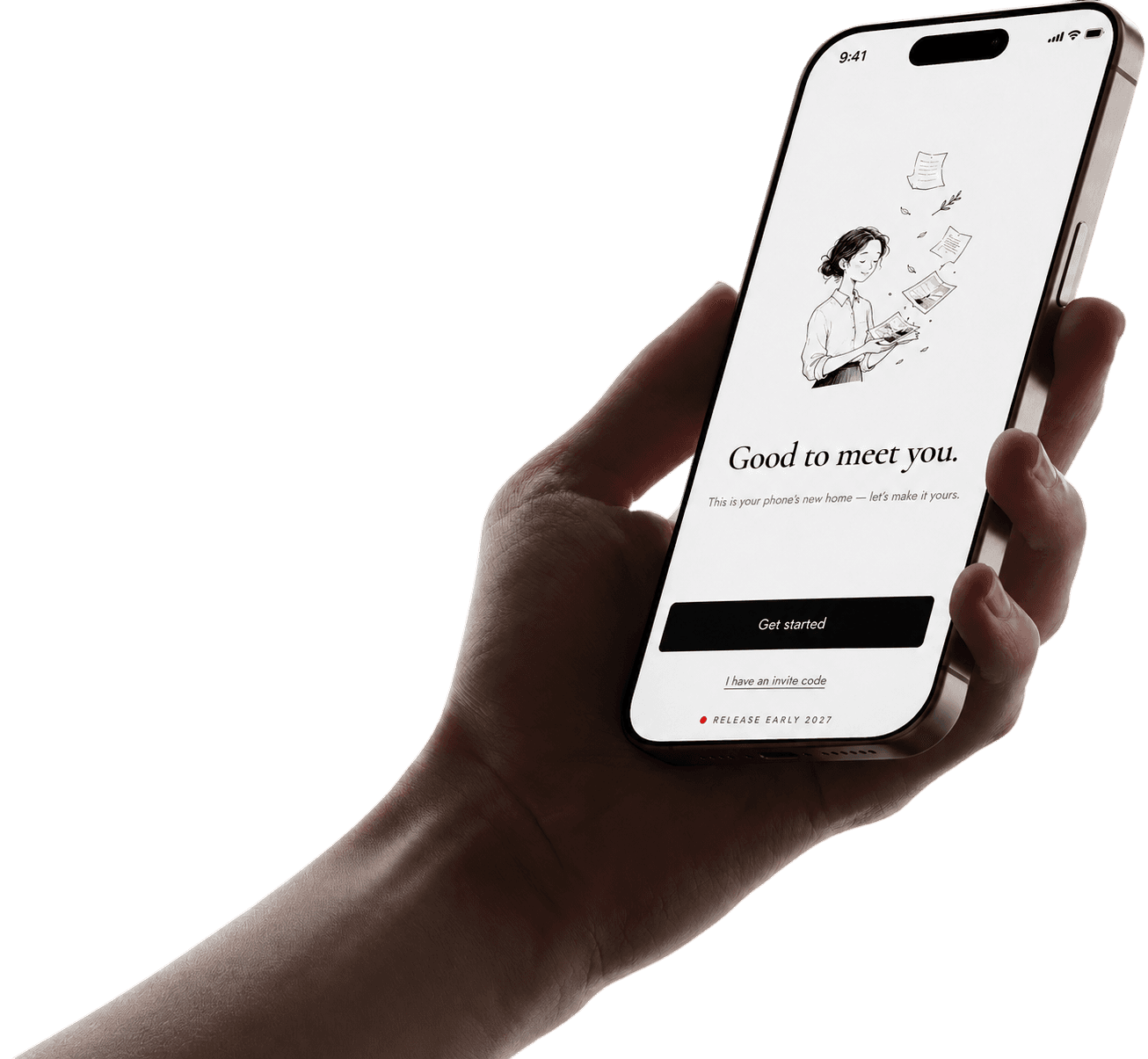 A hand holding a phone showing the Newcomer welcome screen